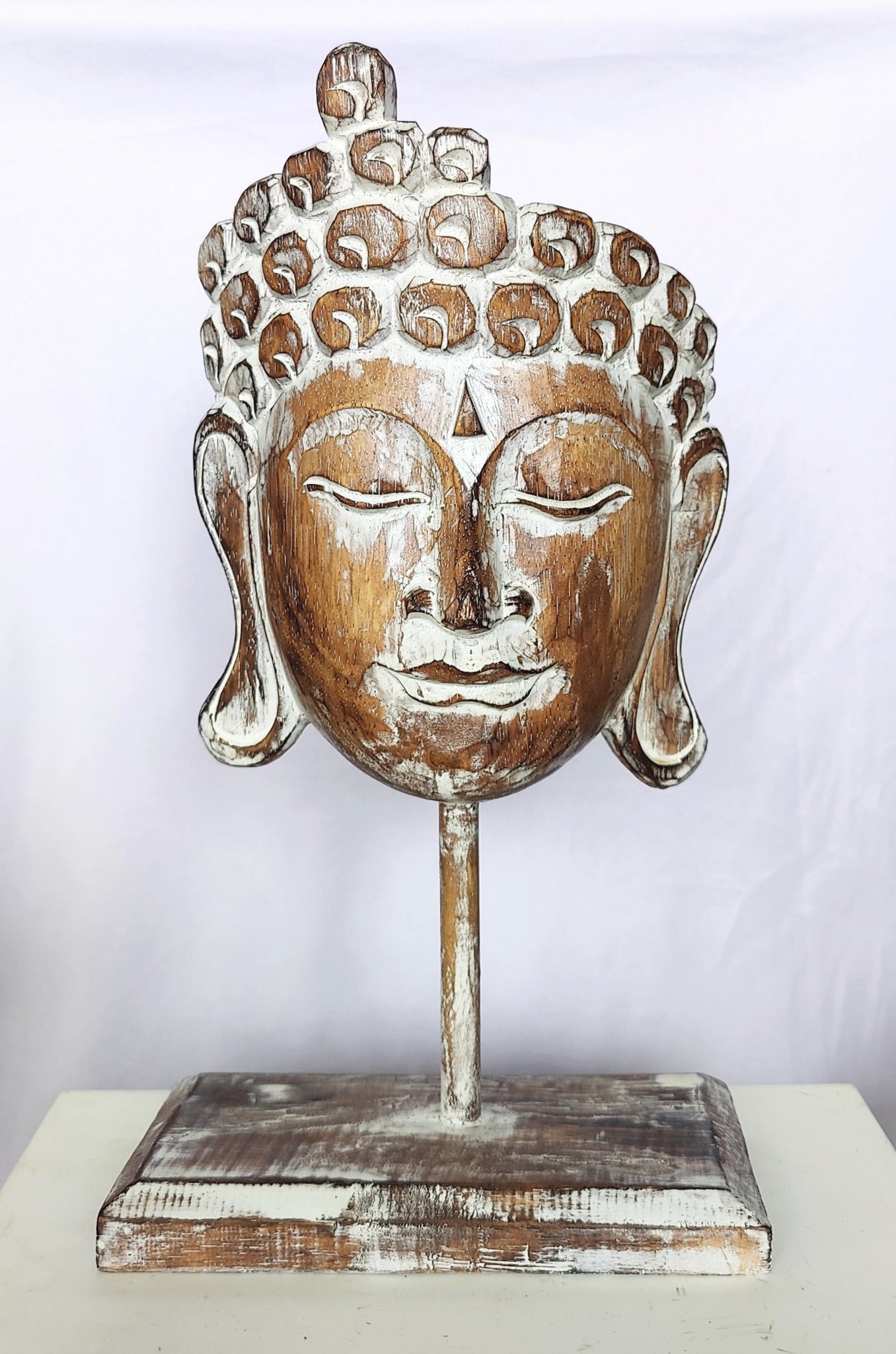 Home Decor Showpiece. Wooden Buddha Mask Sculpture on Stand Carved ...