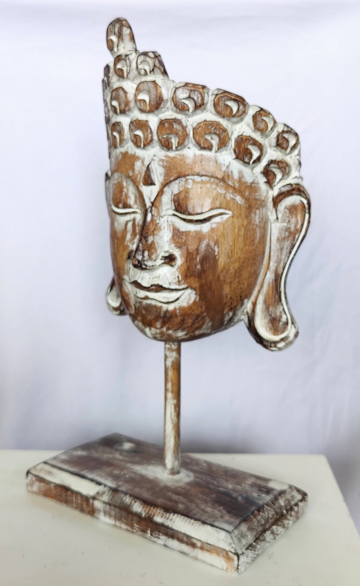 Home Decor Showpiece. Wooden Buddha Mask Sculpture on Stand Carved ...