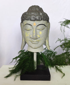 Home Decor Idol. Handcrafted Wooden Lord Buddha Bust Statue Mounted on a Rustic Wooden Base.