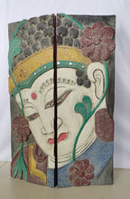 Wall - Table Decor. Hand Carved Serene Buddha Face Art Wooden Folding Screen Panel Floral design.