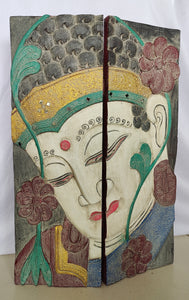 Wall - Table Decor. Hand Carved Serene Buddha Face Art Wooden Folding Screen Panel Floral design.