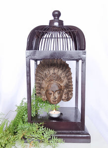 Home Decor: Table Accent - T Light Holder. Unique Stone Dewi Sri Bust Mounted in a open Bird Cage Frame.