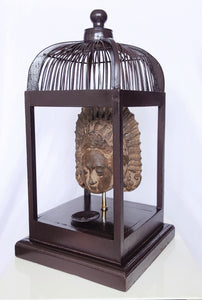 Home Decor: Table Accent - T Light Holder. Unique Stone Dewi Sri Bust Mounted in a open Bird Cage Frame.