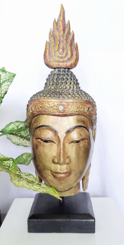 Home Decor. Tabletop Statue. Vintage Wooden Lord Buddha Head Sculpture on a Rustic base, 