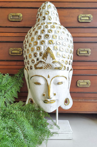 Home Decor Showpiece. Large Serene Lord Buddha Head in wood, mounted on a stand.
