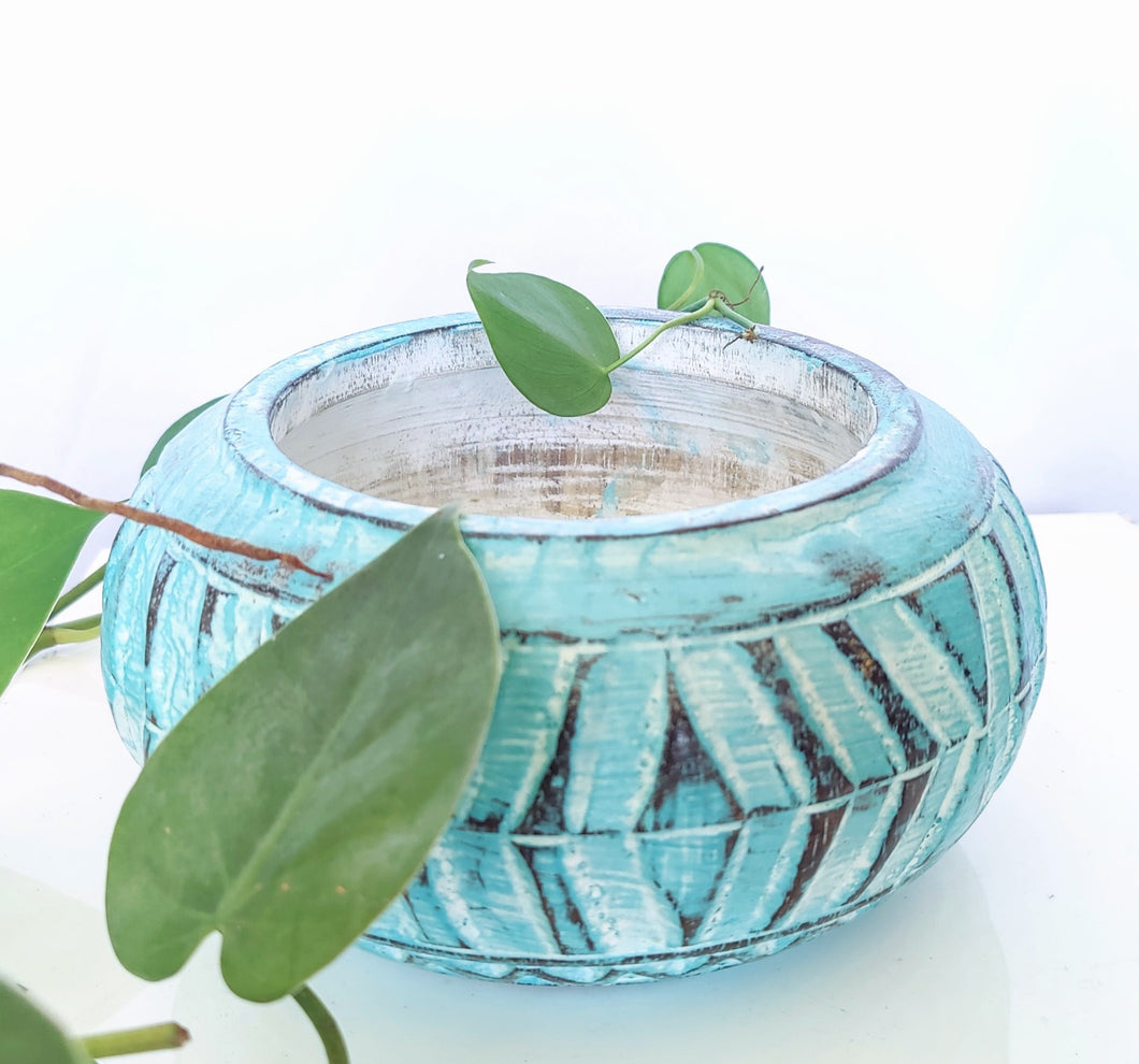 Home Decor: Storage Accessory. Hand Carved and Painted Decorative Round Wooden Bowl.