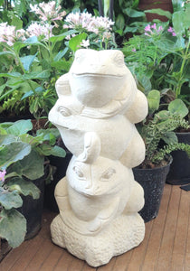 TABLETOP DECOR / GARDEN DECOR / FIGURINE: Handcrafted 3 Cute Acrobatic Frogs Sculpture in sandstone.