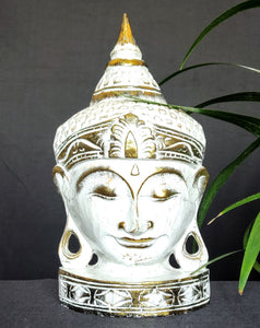 Home Decor. Wall - Table Ornament. Enlightened Buddha Wooden Mask Statue, Hand Carved and Colourfully Painted.