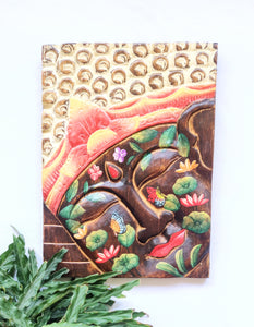 Wall Accent / Table Decor. Hand carved Buddha Panel and Painted, Nature Motif with Flowers and Butterflies.