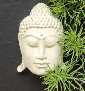 Wall - Garden Decor. Beautiful Serene Buddha Face Stone Mask Sculpture.