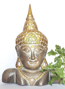 Home Decor. Tabletop Accent. Beautiful and Serene Handcrafted and Painted Wooden Buddha Bust.