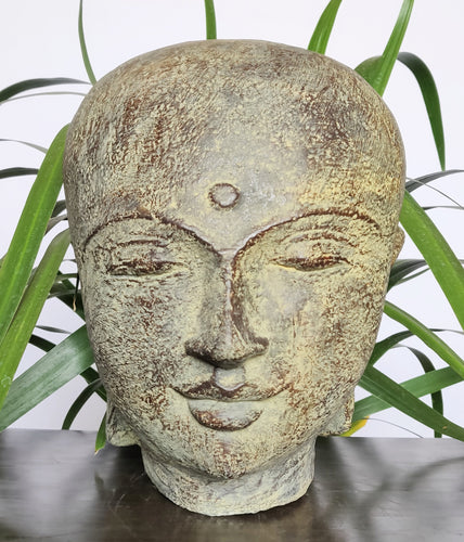 Home Decor. Table - Garden Sculpture. Peaceful Buddha head Garden Statue sculpture in stone.