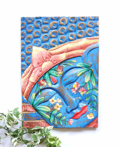 Home Decor: Wall Accent. Hand carved Buddha Panel and Painted, Nature Motif with Flowers and Butterflies.