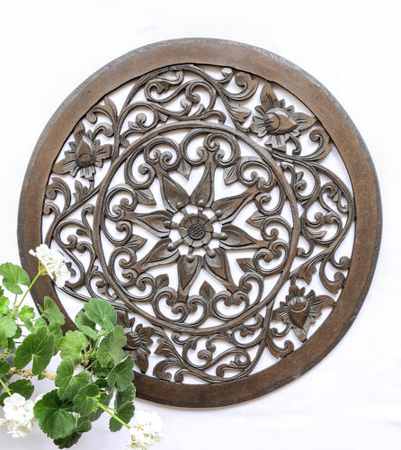 Home Decor. Wall Art. Floral Round Relief Panel Carving, 