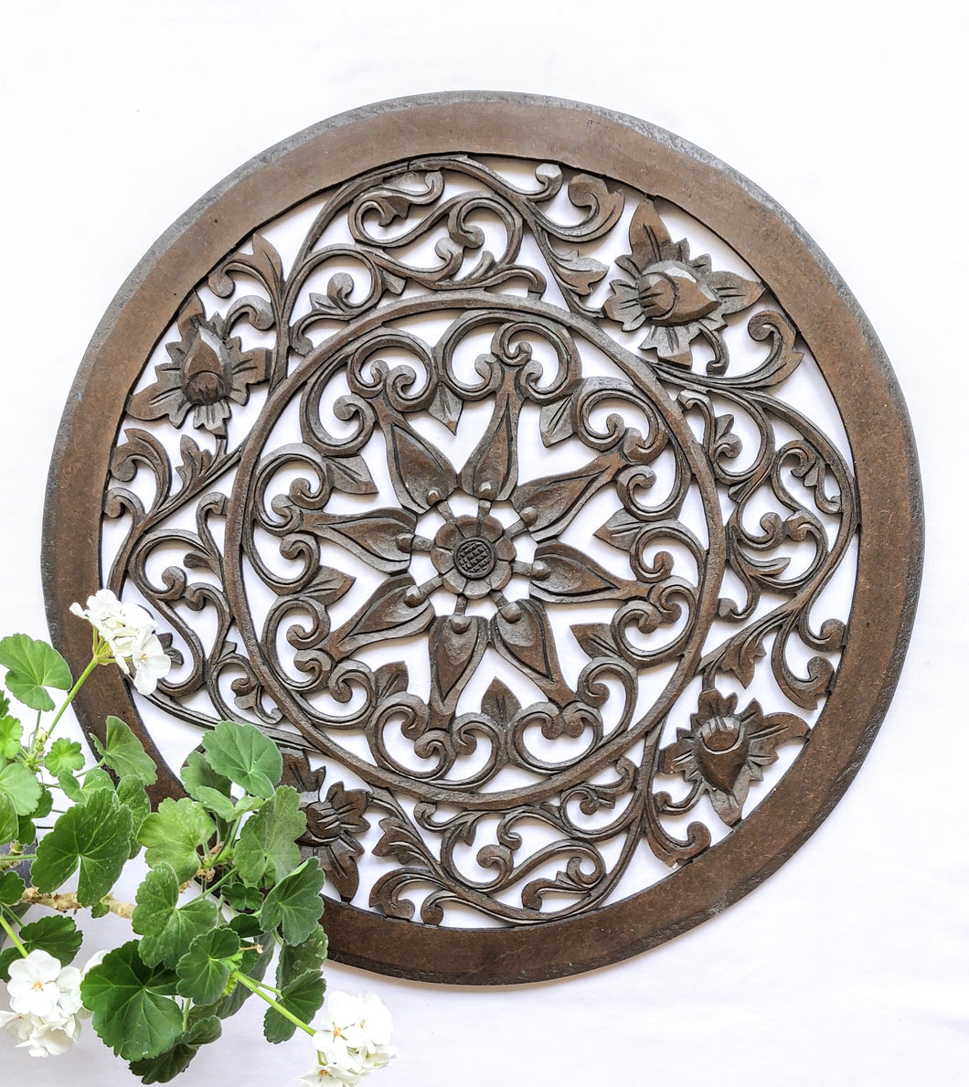Home Decor. Wall Art. Floral Round Relief Panel Carving, 