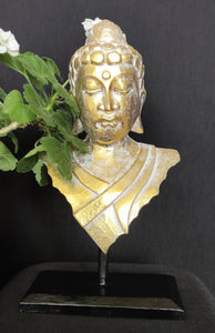 Home Decor. Tabletop Idol. Handcrafted Wooden Serene Meditating Buddha Bust On a Rustic Stand.