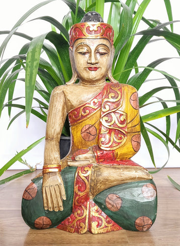 Home Decor. Solid Wooden Lord Buddha Meditating Idol Handcrafted And Colorfully Painted.