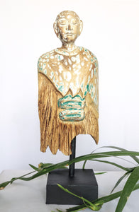 Home Decor. Contemporary Serene Buddhist Monk Wooden Statue mounted on a rustic wooden base.