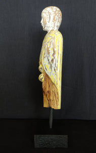 Home Decor.
Contemporary Serene Buddhist Monk Wooden Statue mounted on a rustic wooden base.