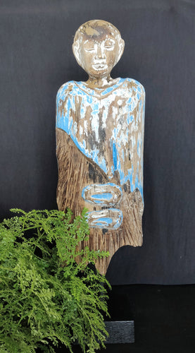 Home Decor. Tabletop Sculpture. Contemporary Serene Buddhist Monk Wooden Statue mounted on a rustic wooden base. Height 2.2 feet.