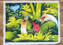 Home Decor: Wall Hangings. Large Colourful Painting of Birds of Paradise in the jungle. Size: 85cm by 65 cm. Unframed.