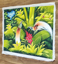 Home Decor: Wall Hangings. Large Colourful Painting of Birds of Paradise in the jungle. Size: 85cm by 65 cm. Unframed.