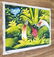 Home Decor: Wall Hangings. Large Colourful Painting of Birds of Paradise in the jungle. Size: 85cm by 65 cm. Unframed.