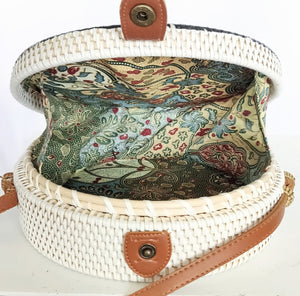 HANDBAG: Decoupage Handwoven Round Rattan Bag in Floral Design and Batik Lining.