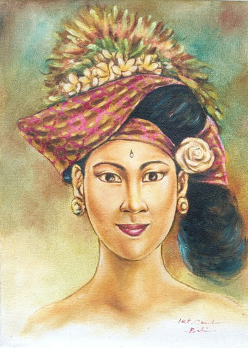 Wall Decor. Oil painting on canvas a beautiful lady in traditional headgear. Unframed.