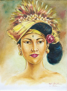 Wall Decor. Oil painting on canvas a beautiful lady in traditional headgear. Unframed.