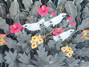 Home Decor: Wall Hangings. Large Colourful Painting of Bali Starling Birds in the jungle. Pengosekan style. 91 cm by 68 cm.