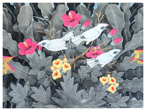 Home Decor: Wall Hangings. Large Colourful Painting of Bali Starling Birds in the jungle. Pengosekan style. 91 cm by 68 cm.