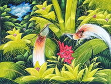 Home Decor: Wall Hangings. Large Colourful Painting of Birds of Paradise in the jungle. Size: 85cm by 65 cm. Unframed.