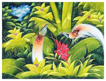 Home Decor: Wall Hangings. Large Colourful Painting of Birds of Paradise in the jungle. Size: 85cm by 65 cm. Unframed.