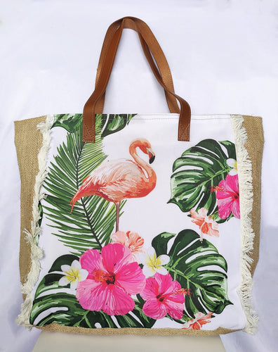 Fashion Accessory. Handbag.  Large Floral Flamingo Print Tote Jute Bag with Fringes and Matching Pouch.
