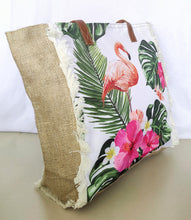 Fashion Accessory. Handbag.  Large Floral Flamingo Print Tote Jute Bag with Fringes and Matching Pouch.