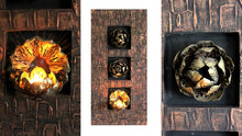 WALL ART/DECOR: EXQUISITE THREE PIECE METAL LOTUS FLORAL WALL ART PANEL WITH TEALIGHT CANDLE HOLDER.