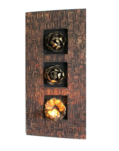 WALL ART/DECOR: EXQUISITE THREE PIECE METAL LOTUS FLORAL WALL ART PANEL WITH TEALIGHT CANDLE HOLDER.