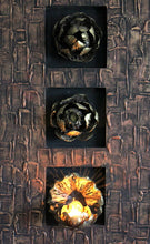 WALL ART/DECOR: EXQUISITE THREE PIECE METAL LOTUS FLORAL WALL ART PANEL WITH TEALIGHT CANDLE HOLDER.