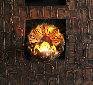 WALL ART/DECOR: EXQUISITE THREE PIECE METAL LOTUS FLORAL WALL ART PANEL WITH TEALIGHT CANDLE HOLDER.