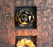 WALL ART/DECOR: EXQUISITE THREE PIECE METAL LOTUS FLORAL WALL ART PANEL WITH TEALIGHT CANDLE HOLDER.
